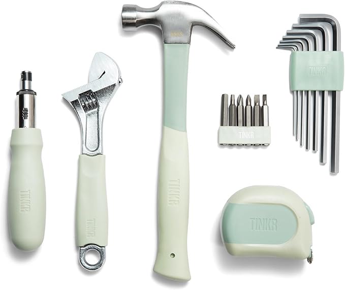 TINKR Home Essentials Tool Kit – Hammer, Ratchet Screwdriver, Tape Measure, Allen Keys & Wrench in Canvas Case. Modern Tool Set for DIY & Home Repairs