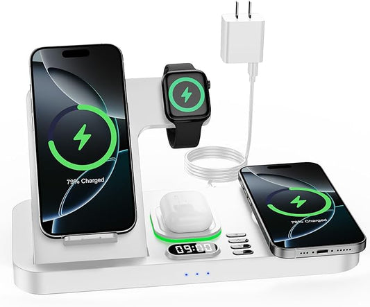 Dual Phone Wireless Charging Station for Apple Devices, Magnetic Charging Station for iPhone with Auto Switch 7-Color Light&Clock, Family Watch Charger for iPhone17 for iWatch10 for AirPods Pro3(White