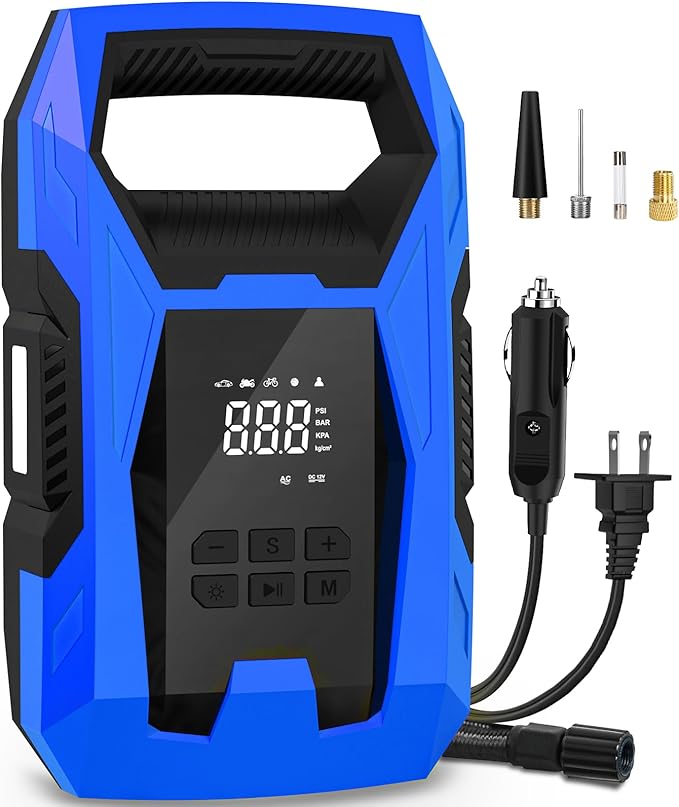 CARSUN AC/DC Tire Inflator Portable Air Compressor, Dual Power for Home 110V AC and Car 12V DC Air Pump with Pressure Gauge, Auto Shutoff, Tire Pump for Car Motorcycle Bike and Other Inflatables, Blue
