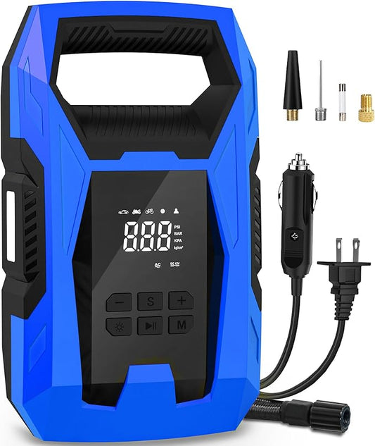 CARSUN AC/DC Tire Inflator Portable Air Compressor, Dual Power for Home 110V AC and Car 12V DC Air Pump with Pressure Gauge, Auto Shutoff, Tire Pump for Car Motorcycle Bike and Other Inflatables, Blue