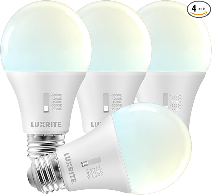 LUXRITE A19 LED Light Bulb 75 Watt Equivalent, CRI90, 5CCT Selectable 2700K 3000K 3500K 4000K 5000K, Dimmable, 1100LM, Standard LED Light Bulbs 11W, E26 Medium Base, ETL - Indoor Outdoor (4 Pack)