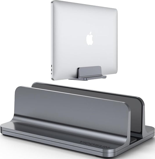Aluminum Vertical Laptop Stand for Desk - Adjustable Width Dock for MacBook, Surface, Samsung, HP, Dell up to 17.3 inches - Space-Saving & Protective Design - Gray