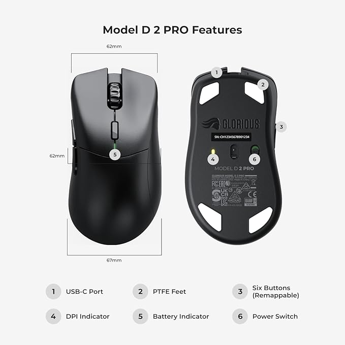 Glorious Gaming Model D 2 PRO Wireless Gaming Mouse - 2.4GHz Wireless 1ms delay, 100M clicks, 60g Ultralight, Long Battery Life, 26K DPI BAMF 2.0 Sensor, Ergonomic, 6 Buttons, PTFE Feet