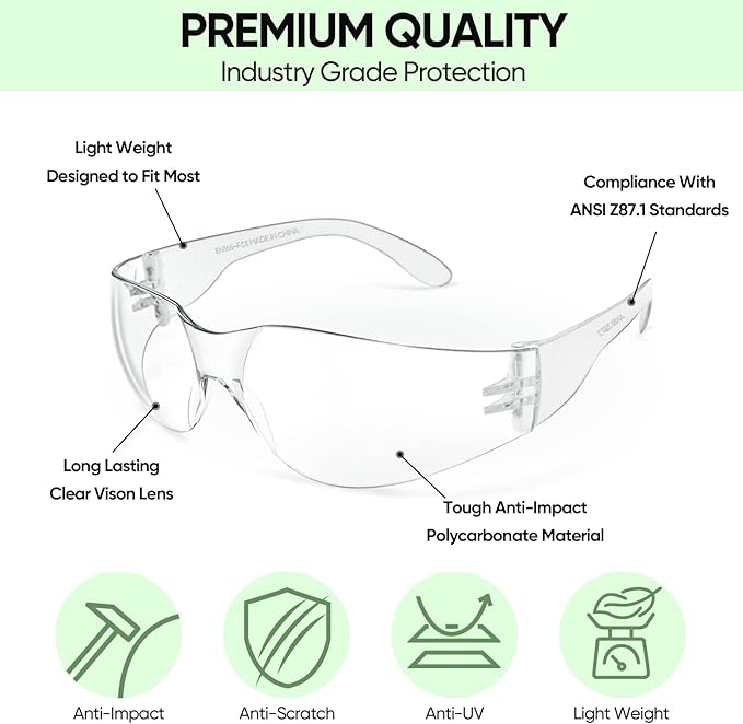 TICONN Clear Safety Glasses for Men, Safety Goggles with Scratch Impact Resistant Meets ANSI Z87.1 Standard