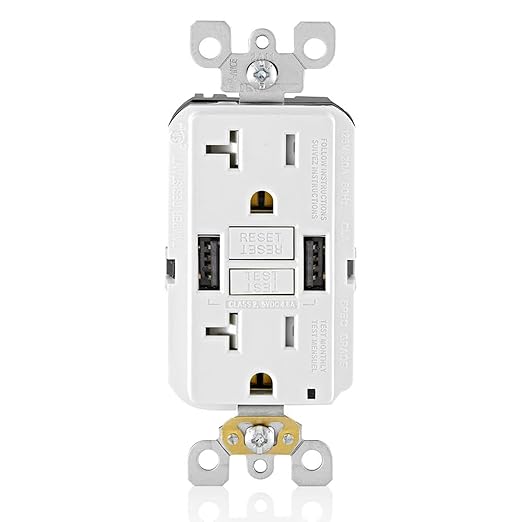 Leviton GUSB2-W 20A SmartlockPro GFCI Combination Type A USB in-Wall Charger Outlet, USB Charger for Smartphones and Tablets, White