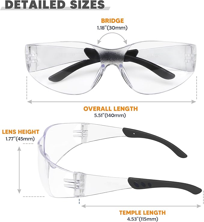 Clear Safety Glasses 24PK, Protective Eyewear Polycarbonate Lens with Rubber Temples ANSI Z87.1 Anti-Scratch Impact Resistant Eye Protection for Work, Lab, Construction Clear Lens/Black Frame