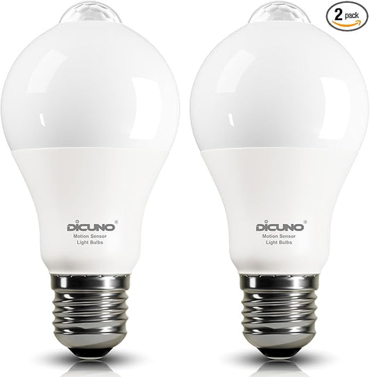 DiCUNO PIR Motion Sensor Light Bulbs Outdoor, 8W (60W Equivalent), Motion Activated Dusk to Dawn Security LED Bulb, for Front Porch, Front Door, 810LM, 2700K Warm White, 2 Pack