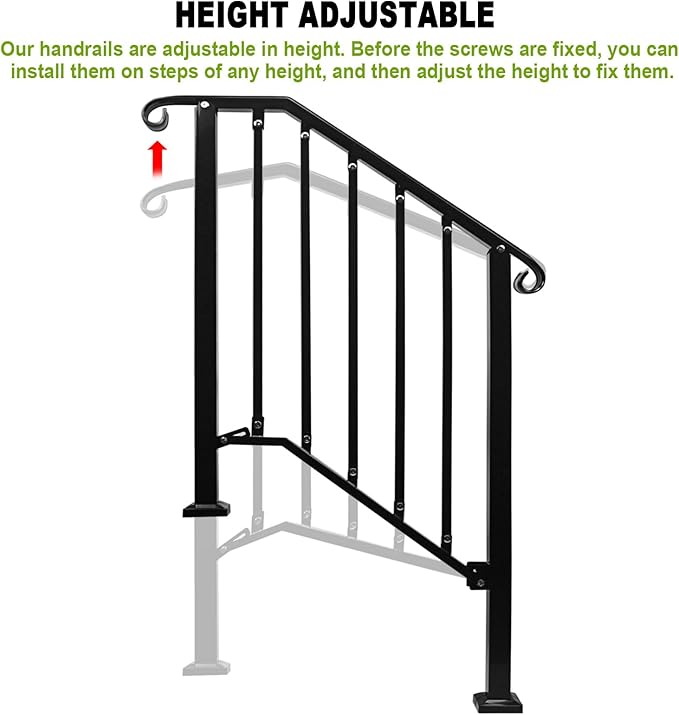 Adjustable Handrails for Outdoor Steps, Handrail Picket #2 Fits 2 or 3 Steps, Mattle Wrought Iron Handrail, Stair Rail with Installation Kit for Outdoor Steps