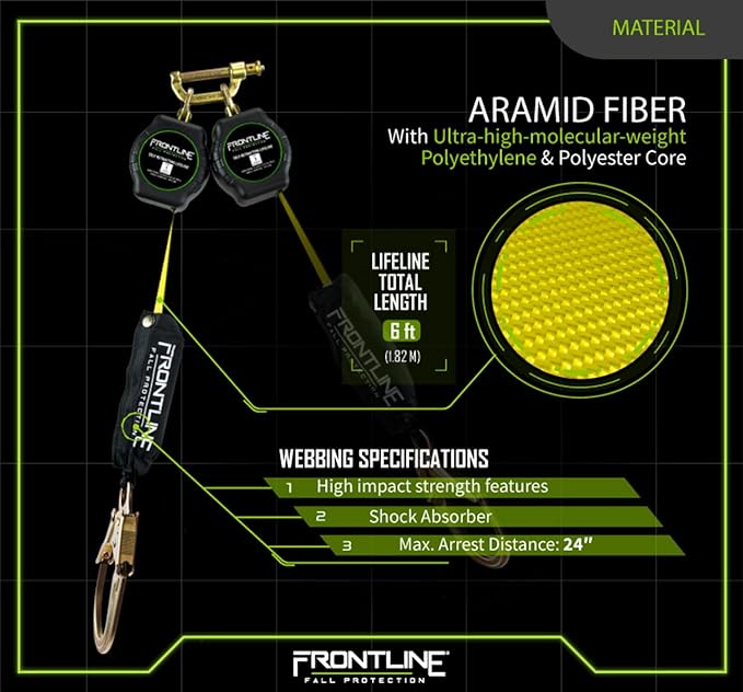 Frontline 6' Aramid Web Twin Leg SRL with Steel Rebar Hooks | 310 lbs Capacity | Lightweight & Durable | Aramid Fiber Webbing Retractable | ANSI & OSHA Compliant | ISO Lab Tested (3 Pack)