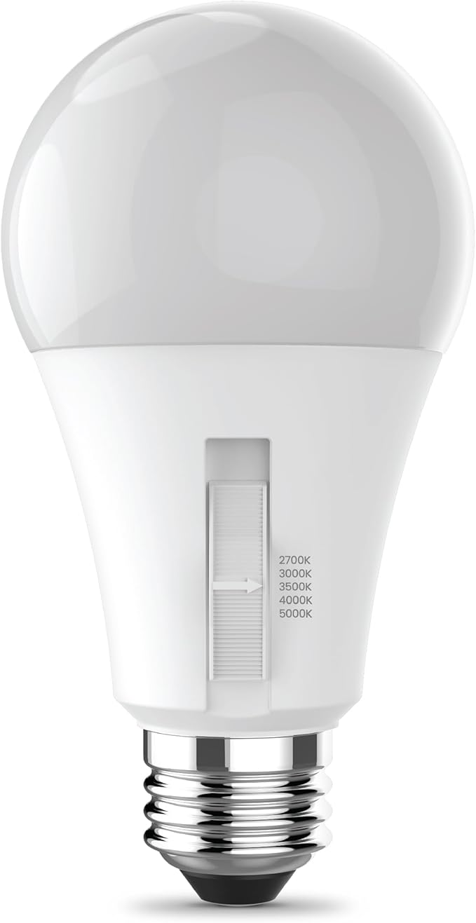 Feit Electric 3-Way A19 LED Light Bulb, 50/75/150W Equivalent, 5CCT Adjustable White (2700K–5000K), 1600 Lumens, Dimmable, 25,000-Life Hours, Energy Saving for Lamps & Fixtures, OM50/150/5CCTCA