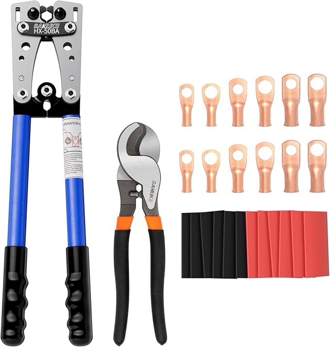 Sanuke Battery Cable wire Lug Crimping Tool for AWG 8-1/0 Electrical Lug Crimper with Cable Cutter and 12PCS Lugs Tubular Ring Terminal Connectors and 10PCS 3:1 Dual Wall Adhesive Heat Shrink Tubing