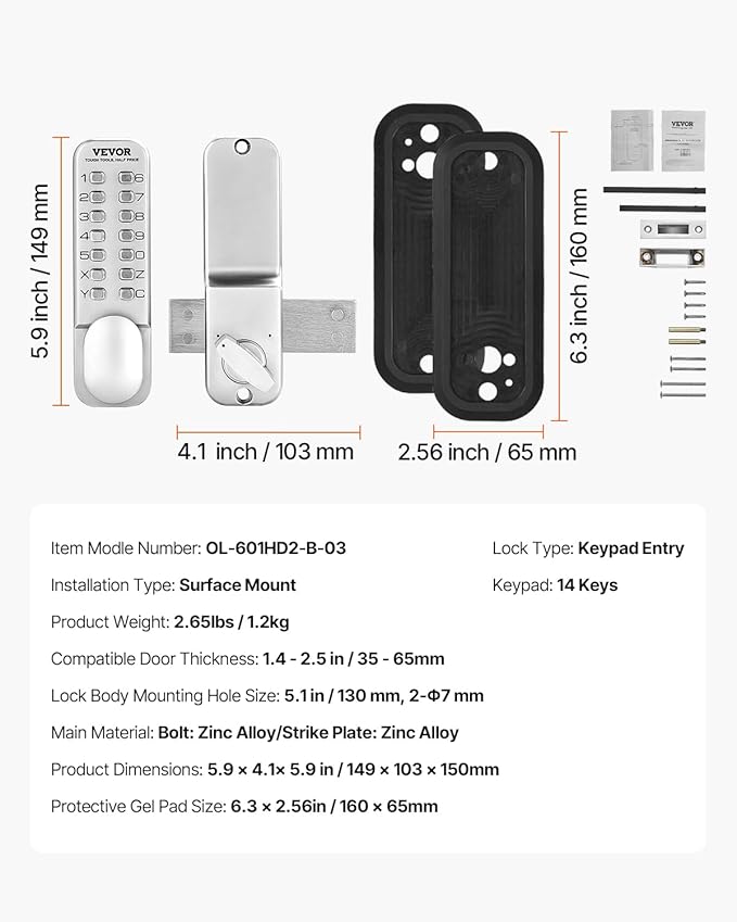 VEVOR Mechanical Keyless Entry Door Lock, 14 Key Door Lock, Mechanical Keypad with Adjustable Thumb Knob, Single-Side Zinc Alloy Waterproof Keyless Gate Lock, for Home Office