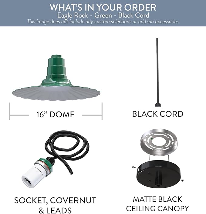 Steel Lighting Co. Eagle Rock Pendant | Ceiling Mounted Light | 16 inch Radial Wave | Black Cord | Heavy Duty Steel Retro Farmhouse Style Made in America | Green Exterior/White Interior