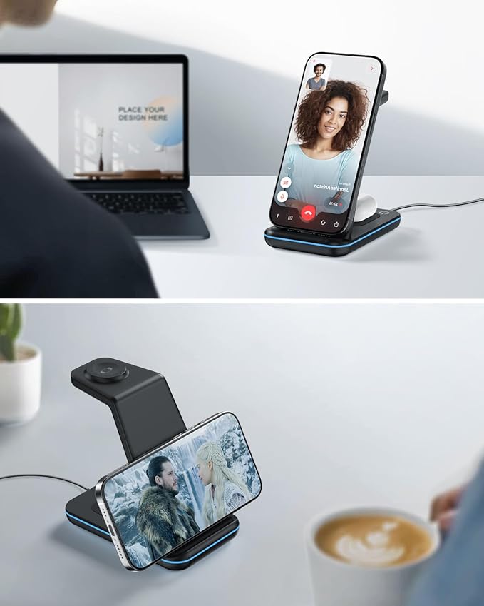 JoyGeek 3 in 1 Charging Station for Apple Devices, Wireless Charger Stand for iPhone 16/15/14/13/12/11/SE/X/8 Pro Max Plus, Charging Dock for Apple Watch Ultra/8/SE/7/6/5/4/3, AirPods (Dark Black)