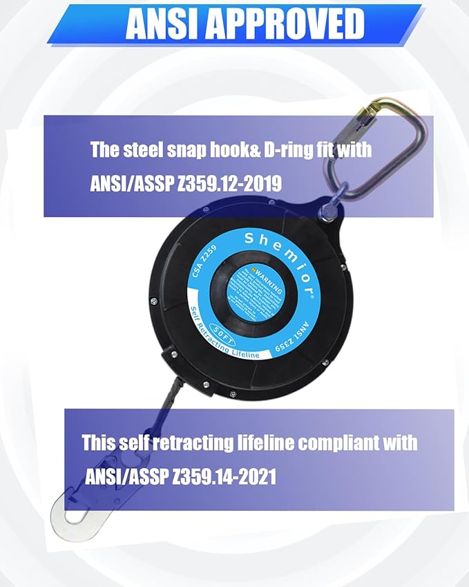 50FT Web Self Retracting Lifeline, No Tangle Lightweight Housing SRL, Self Retractable Safety Lanyard, Fall Arrest Protection PPE Gear for Roofing Construction, OSHA/ANSI Compliant