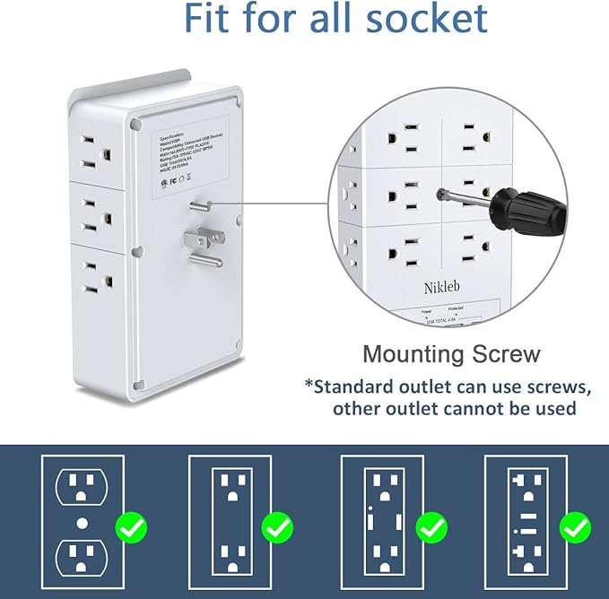 Surge Protector Nikleb 2-Pack, Multi Outlet Plug with 4 USB, Wall Charger Box Multiports Total 4.8A, Electrical Outlet Splitter, Plugs for Outlets Wall Mount, USB Power Adapter Low Profile