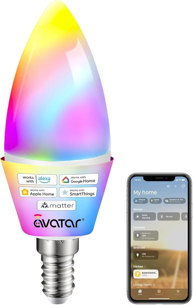 E12 Smart Light Bulb Candelabra - Matter LED Bulb Compatible with Apple Homekit/Alexa(NOT Google Home), No 3rd-Party App, Hub Required, 5W RGBCW Dimmable Candle Light Bulb for Chandeliers & Fixtures