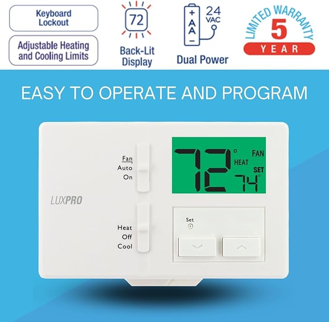 Lux Pro Non Programmable Thermostat for Home; Backlight Digital Energy Saving Thermostat; Multi Stage Heating, AC Systems; Easy DIY, P111, 1 Unit, Batteries Included