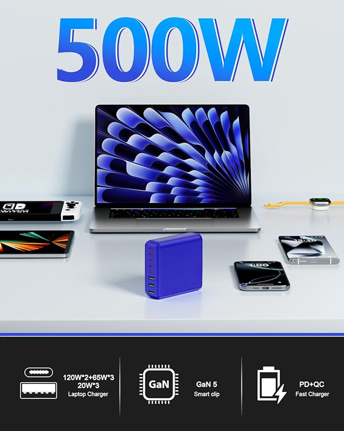 500W USB C Charger Block, 8-Port USB C Charging Station Fast Charging PD 120W PC Laptop Charger Adapter Compatible with MacBook Pro/Air/All iPad,DELL, iPhone 16/15/14/13/Pro Max/Galaxy