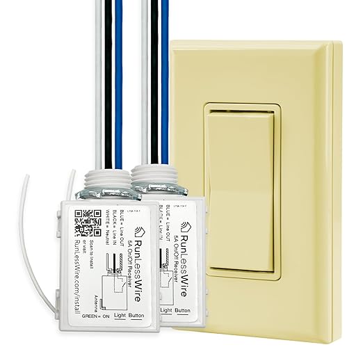 RunLessWire 2 Fixture Battery-Free DIY Kinetic Wireless Light Switch Kit 150ft RF Range for Different Fixtures or Outlets: 1 Remote Switch Controls 2 5A On/Off Receivers Simultaneously – Ivory