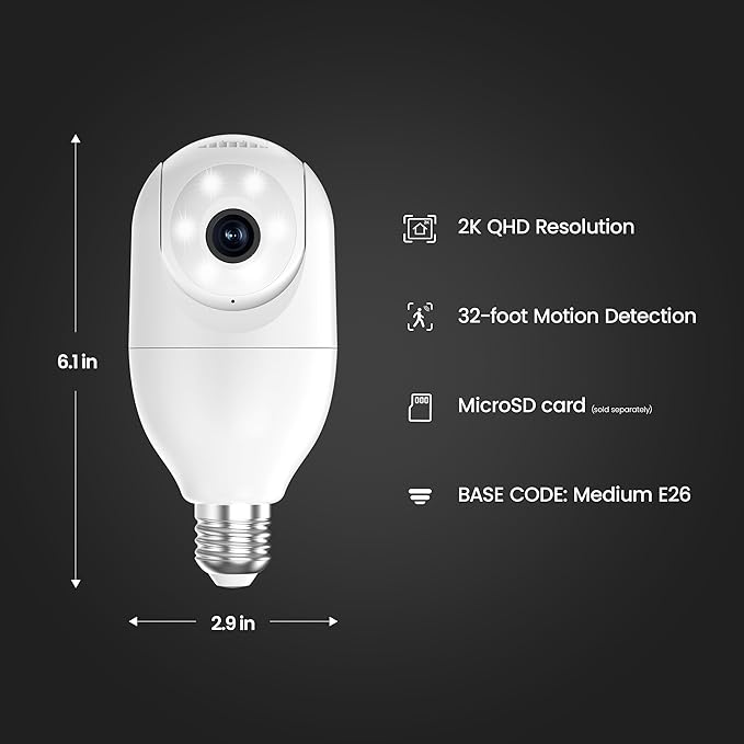Feit Electric Smart Security Camera Bulb, 2K QHD Resolution, 2-Way Audio, Human Tracking, 350° Pan, Night Vision, Motion Alerts, E26 Base, Alexa/Google Assistant Compatible, CAM/PAN/WIFI/E26/2K