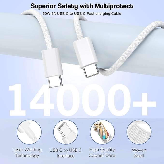 65W USB C Charger Block, 2Pack 6-Port Fast Charging Block with 6ft Long TypeC to TypeC Woven Cable Cord,Multiport Plug,USB C Power Adapter for iPhone 17/17 Air/17 Pro/16/16e/16 Pro Max/15,iPad,AirPods