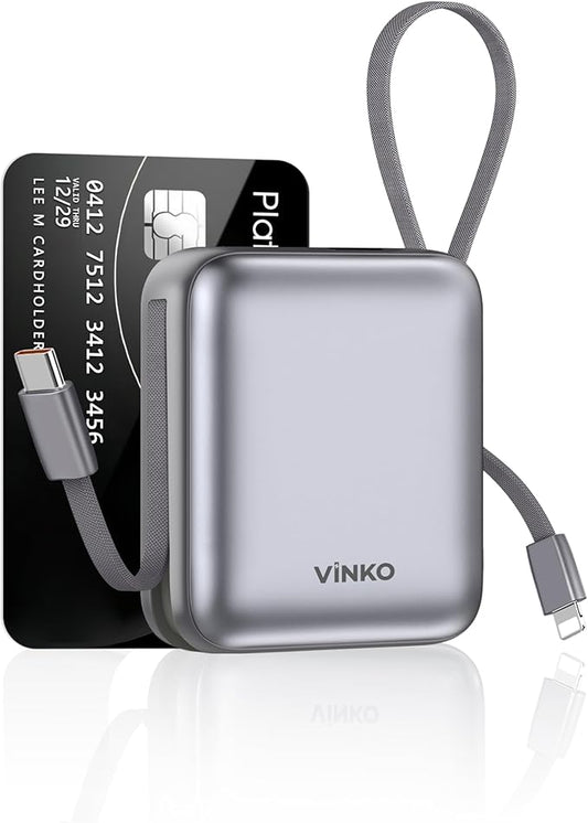 VINKO Small Portable Charger, 22.5W Fast Charging Mini Power Bank 10000mAh with Built-in Cables LED Display, Travel Essential USB-C Battery Pack Compatible with iPhone,Samsung,Android (Gray)