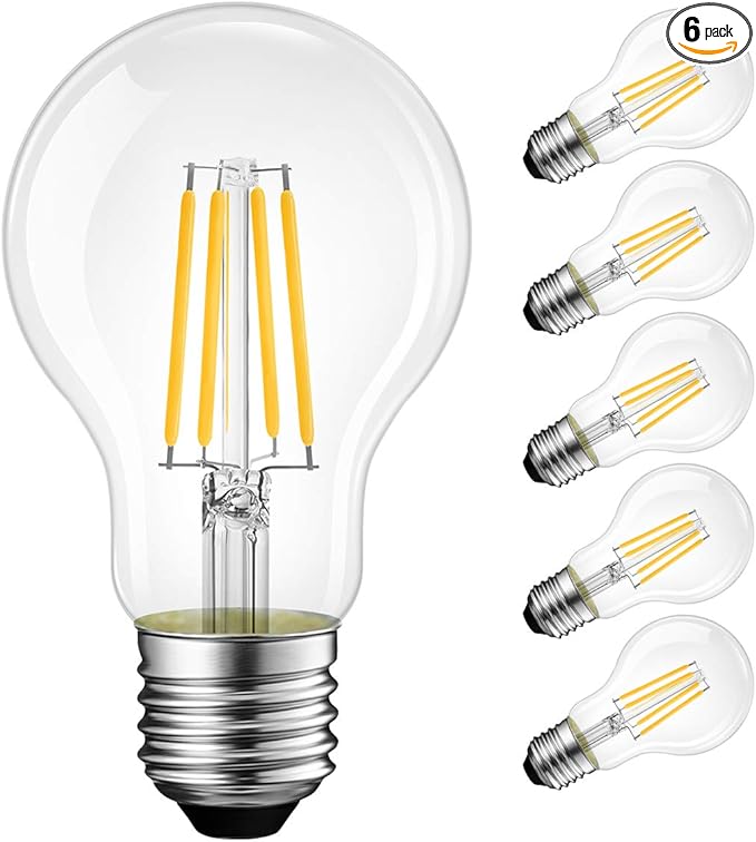 LVWIT A19 LED Vintage LED Filament Bulb E26 Base Dimmable 7W (60W Equivalent)，2700K Warm White 800 Lumens，Omnidirectional, UL-Listed, Pack of 6