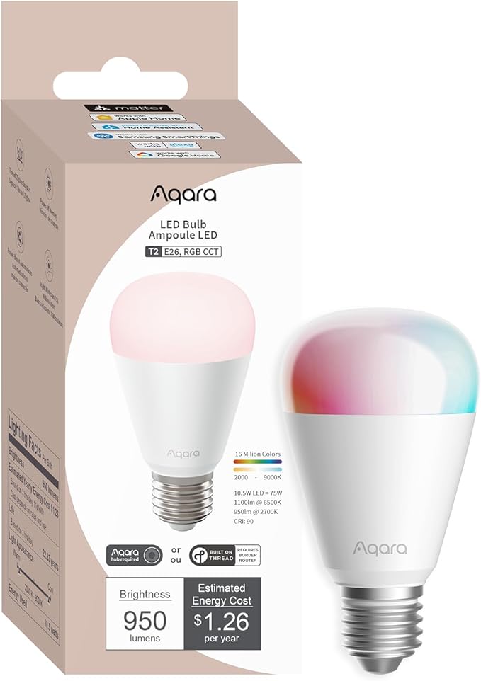 Aqara Thread/Zigbee Smart LED Light Bulb T2 E26, Tunable White (2000K-9000K), RGB Color Changing Light Bulb with 16 Million Colors, 75W Equivalent, Matter, Works with HomeKit, Alexa, Google & More