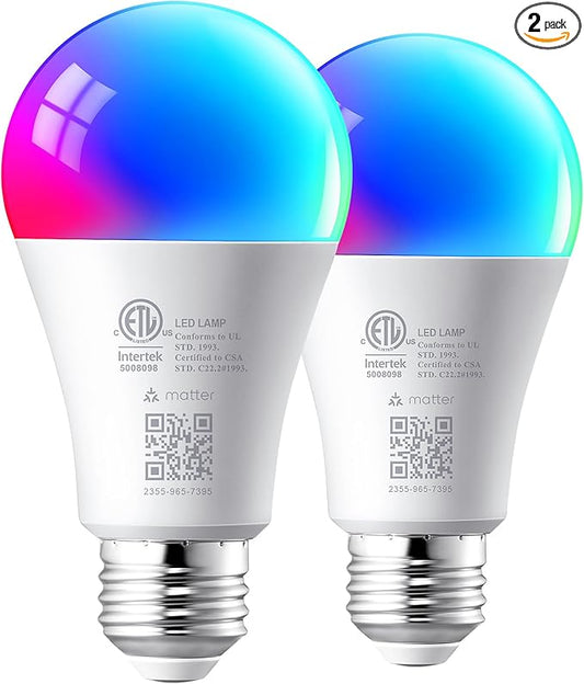 EDISHINE Matter Smart Light Bulbs, Smart Bulbs Work with Apple Home/Alexa/Google Home/SmartThings, RGBTW Color Changing Light Bulb Music Sync, 2.4GHz WiFi Bulb, 800LM Equivalent 60W, A19, E26, 2PCS