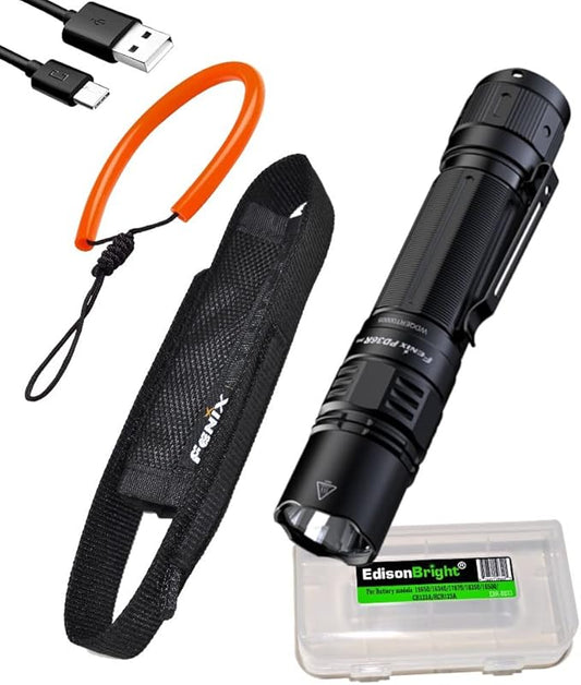 Fenix PD36R Pro 2800 Lumen Rechargeable LED Tactical Flashlight, ALL-01 Lanyard with EdisonBright Charging Cable Carry case Bundle