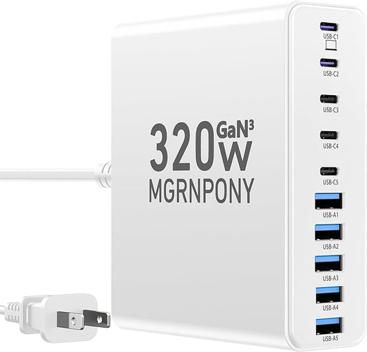 320W USB C Charger Block, 10-Port USB C Charging Station GaN III PD 65W Laptop Fast Charger Adapter for MacBook Pro/Air, DELL, iPad, iPhone, Samsung Galaxy White