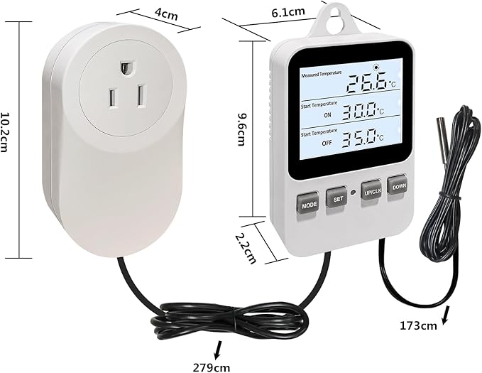 Digital Plug in Thermostat Outlet Socket, Heating Cooling Electric Temperature Controller, Heater Cooler Switch with Sensor, for Incubation Heat Mat Reptile Greenhouses Terrarium, 120V 15A