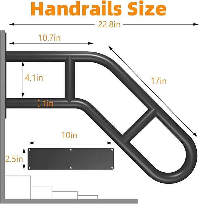 Wall Mount Hand Rails for Outdoor or Indoor Steps Stair Railing Metal Heavy Duty Non-Slip 1-3 Step Safe Bars U-Shape Safety Handle Powder Coated Grab Porch Courtyard Doorways Black 23in