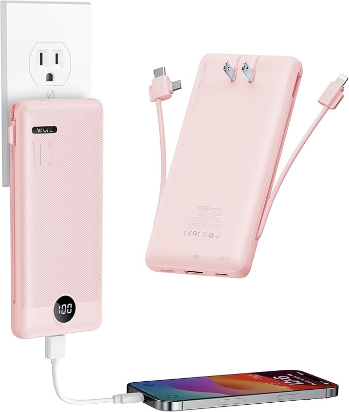 VRURC Portable Charger Power Bank with Wall Plug, 10000mAh Portable Charger with Built in Cables, PD 20W Fast Charging Portable Charger with Cords External Charger Travel Accessories-Pink(1 Pack)