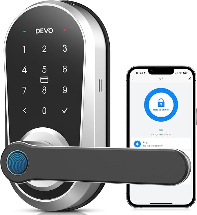 Devo G7 Smart Door Lock with Handle,6-in-1 Fingerprint Keyless Entry,APP Control,Fingerprint ID,Auto Locks,Built-in Wi-Fi Smart Deadbolt for Front Door,Easy Install,Waterproof,BHMA Grade 3