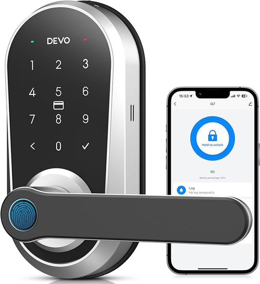 Devo G7 Smart Door Lock with Handle,6-in-1 Fingerprint Keyless Entry,APP Control,Fingerprint ID,Auto Locks,Built-in Wi-Fi Smart Deadbolt for Front Door,Easy Install,Waterproof,BHMA Grade 3