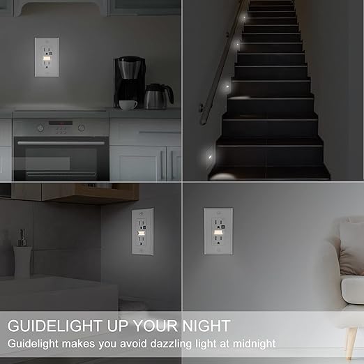 SOZULAMP LED Night Light Outlet-Easy to Install,Nightlight Electrical Outlets,Standard Duplex Receptacle,15A 125V,2 Pole 3 Wire,Self Grounding,Outlet Covers Included (Glossy White,2 Pack)