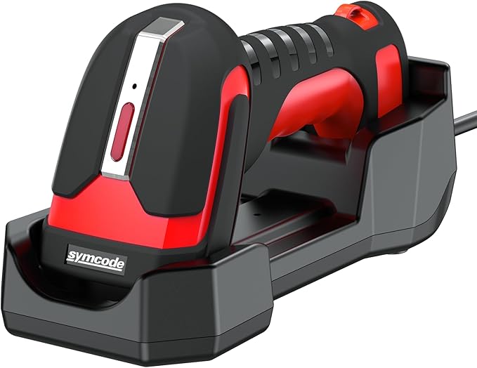 Symcode 2D QR Industrial Barcode Scanner with Wireless Charging Stand, Rugged Heavy Duty 2000 Feet Transmission Distance 433Mhz 2-in-1 Bluetooth & Wireless Hands-Free Barcode Reader for Laptop Tablet