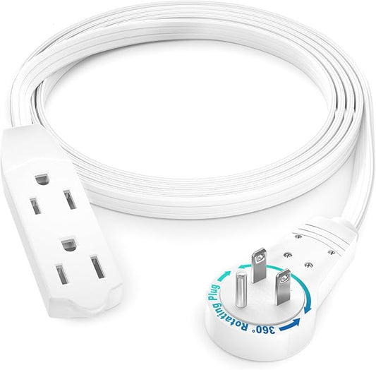 Maximm Cable 4 Ft 360° Rotating Flat Plug Extension Cord/Wire, 16/3 AWG Multi 3 Outlet 3-Prong Grounded Wire- White - UL Certified