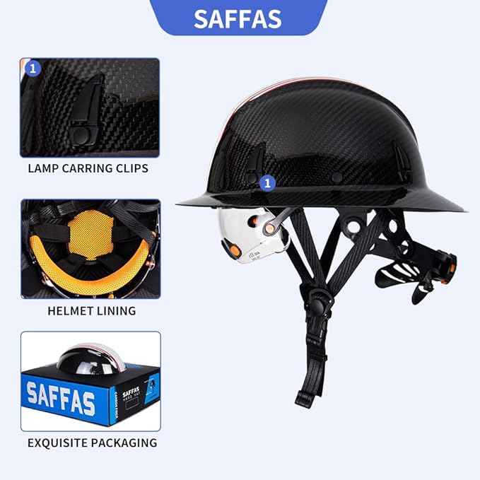 Carbon Fiber Full Brim Hard Hat Safety Helmet with Goggles and Leather Chin Strap 6-Point Suspension Adjustable Knob with Neck Protection