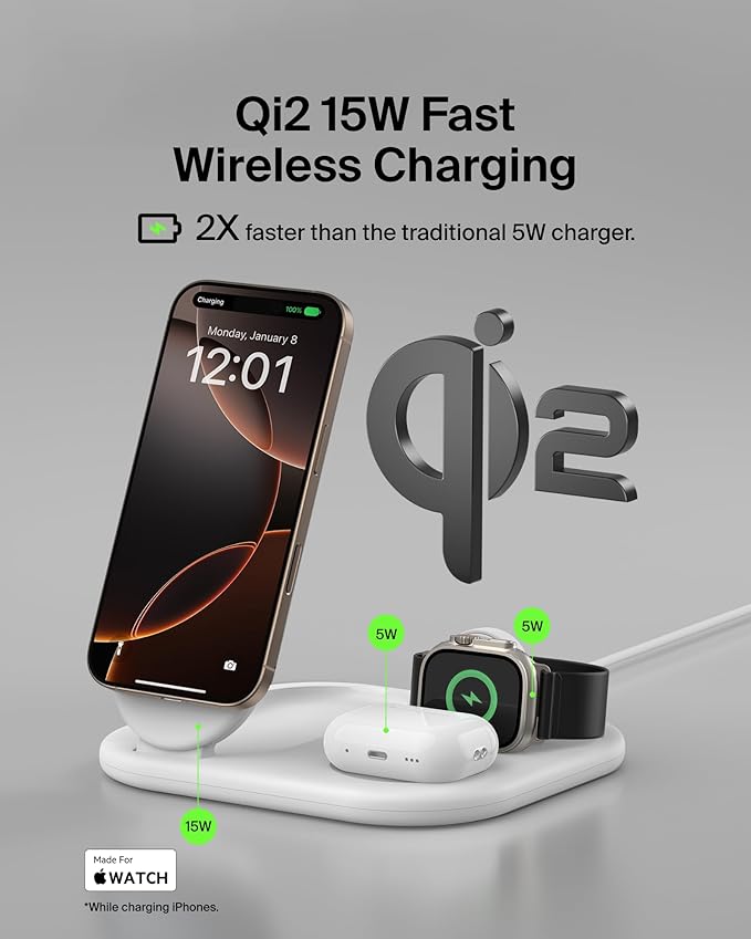 Belkin 3-in-1 MagSafe-Compatible iPhone Charger 15W, Foldable Magnetic Qi2-Certified Wireless Charging Station for iPhone 16, Apple Watch Series 10, AirPods 4, and More, w/Non-Slip Base & PSU - White