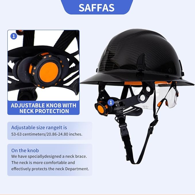 Carbon Fiber Full Brim Hard Hat Safety Helmet with Goggles and Leather Chin Strap 6-Point Suspension Adjustable Knob with Neck Protection