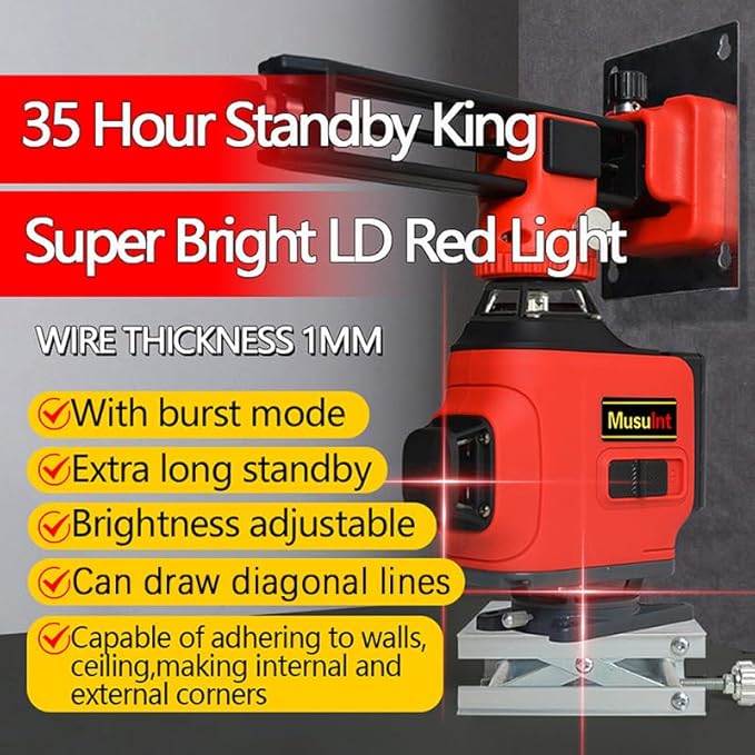 4D 16 lines laser level 4×360° self leveling Precision Cross Line level tool Two 360° Vertical and Horizontal Red beam with hand wave mode control Rotary laser level (4D 16 Red Lines)