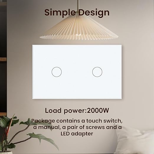 Light Switch No Neutral Wire,Single Live Wire Light Switch No WiFi,Tempered Glass Panel,Total Power Maximum 1000W,FCC Certification,White 2 Gang