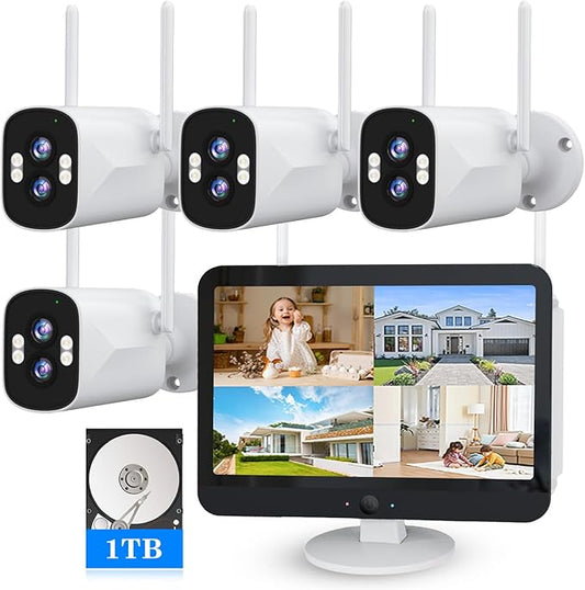 [Dual Lens 2K+2K&10X Zoom] Home Wireless Security Camera System with 12.5" LCD Monitor Outdoor, 10CH Kit 4PCS House WiFi Camera 1TB HDD