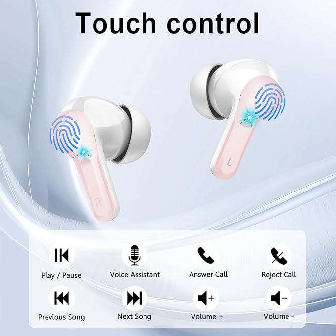Wireless Earbuds, Bluetooth Headphones 5.4 HiFi Stereo, Ear Buds with 4 ENC Noise Cancelling Mics, 48H Bluetooth Earbuds with Dual LED Display, IP7 Waterproof in Ear Earphones for Android iOS, Pink