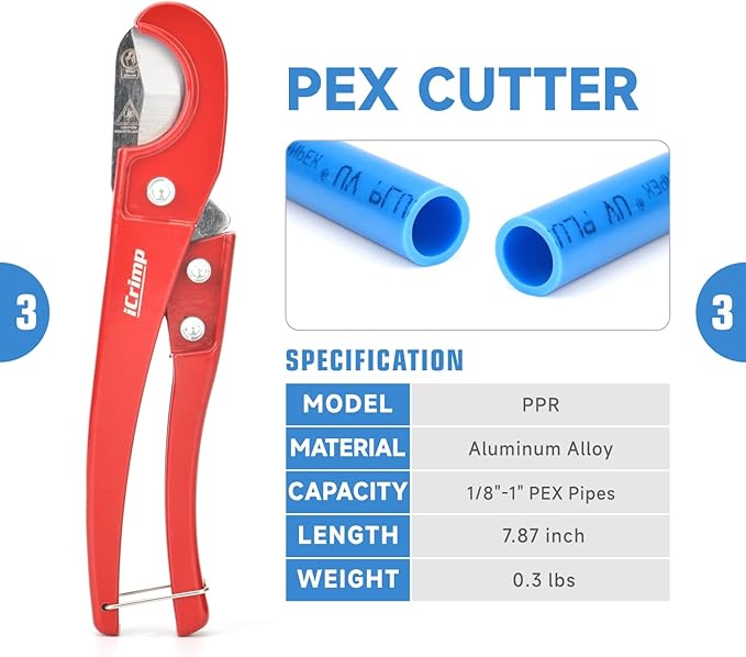 iCrimp ICP-1234AH PEX Crimping Tool Kit - 1/2-in & 3/4-in Copper Crimp Rings, Dual Size Crimper, PEX Removal Tool and Pipe Cutter - Meets ASTM F1807 Standard