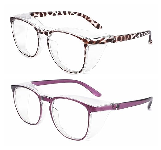 Alsenor Safety Glasses Anti Fog Goggles Protective Eyewear Blue Light Blocking Anti Dust UV Protection Glasses For Men Women (2 Pack(new-leopard+new-purple))