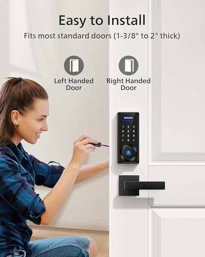 Philips Front Door Lock Set, Electronic Fingerprint Lock with 2 Lever Handles, Keyless Entry Door Lock with Handles, Auto Locking, Fingerprint Unlock, Touchscreen Keypad with Key